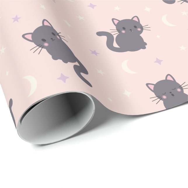 Söt grå katt Rosa inpackningspapper Presentpapper (Rullad Hörn)