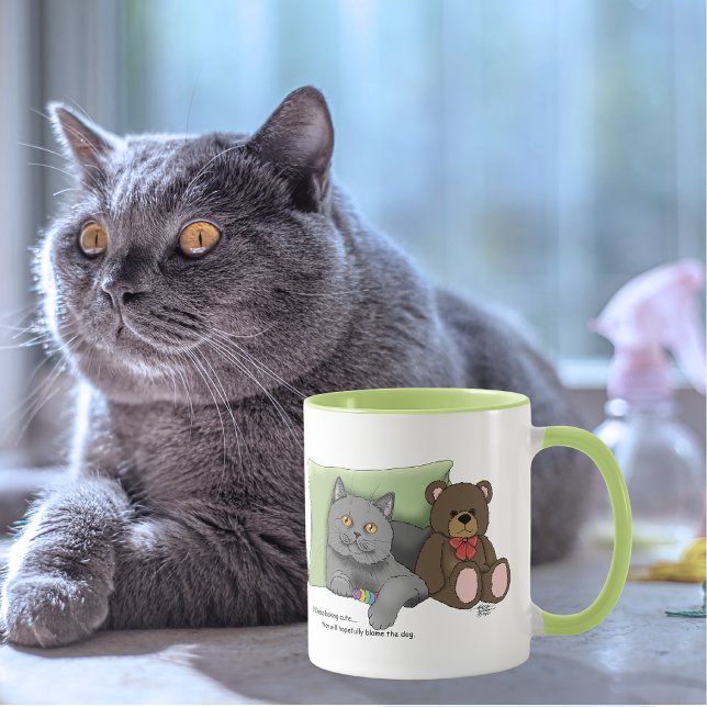 Söt grå katt Teddybjörn Rolig blå Mugg (Skapare uppladdad)