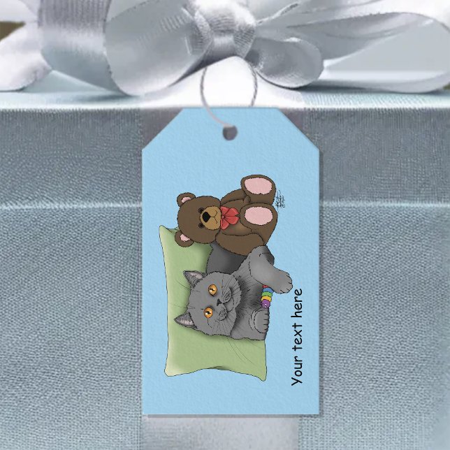 Söt grå katt Teddybjörn Rolig blå Presentetikett (Skapare uppladdad)