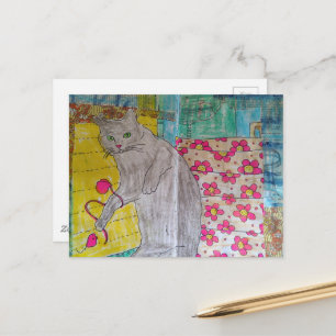 Söt grå kattunge mixed media collage vykort