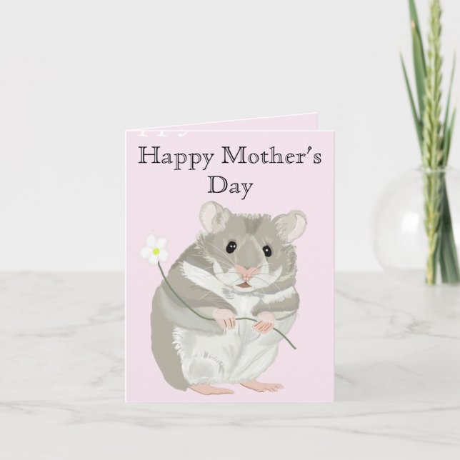 Söt grå och vit hamster som håller en blomma  kort (Framsida)