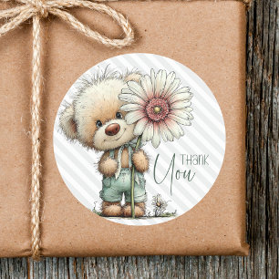 Söt Grå Randig Teddy Stor Tusenskönas Babyshower Runt Klistermärke