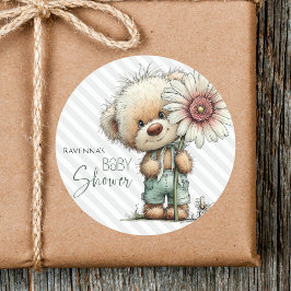Söt Grå Randig Teddy Stor Tusenskönas Babyshower Runt Klistermärke
