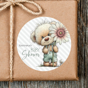 Söt Grå Randig Teddy Stor Tusenskönas Babyshower Runt Klistermärke