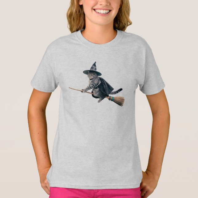 Söt Grå Tabby-Häxa Barn T Shirt (Framsida)