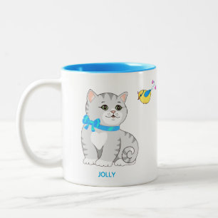 Söt Grå Tabby Kitty Katt & Liten Fågel Två-Tonad Mugg