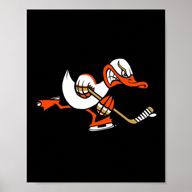 Söt grafisk tecknad anka maskot som spelar ishocke poster (Framsidan)