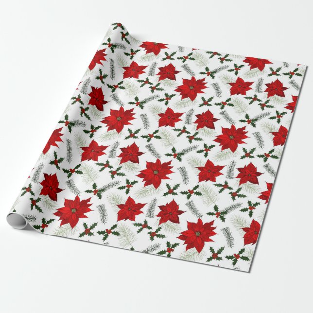 Söt Gräs,Holly & Poinsettia Wrapping Papper Presentpapper (Utrullad)