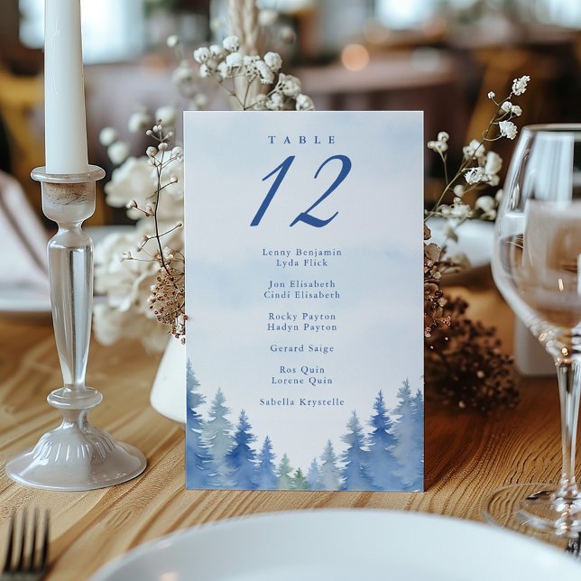 Söt gräs träd bröllop-sätesdiagram för vintern inbjudningar (Pretty winter pine trees wedding seating chart invitation)