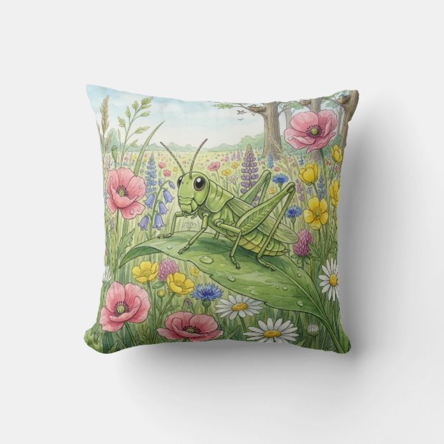 Söt gräshoppa och blommor Små insekter  Kudde (Framsida)