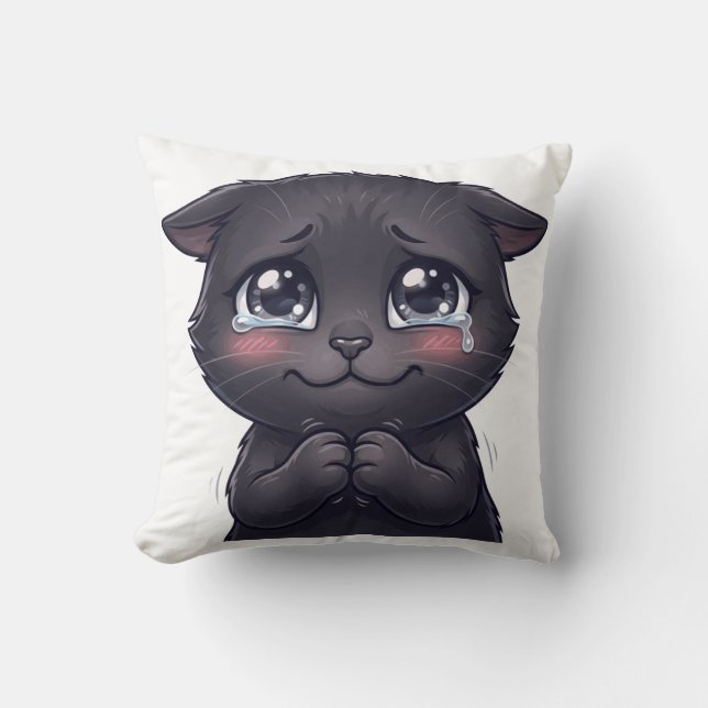 Söt gråtande svart katt som tigger Canvas Väggkons Kudde (Framsida)