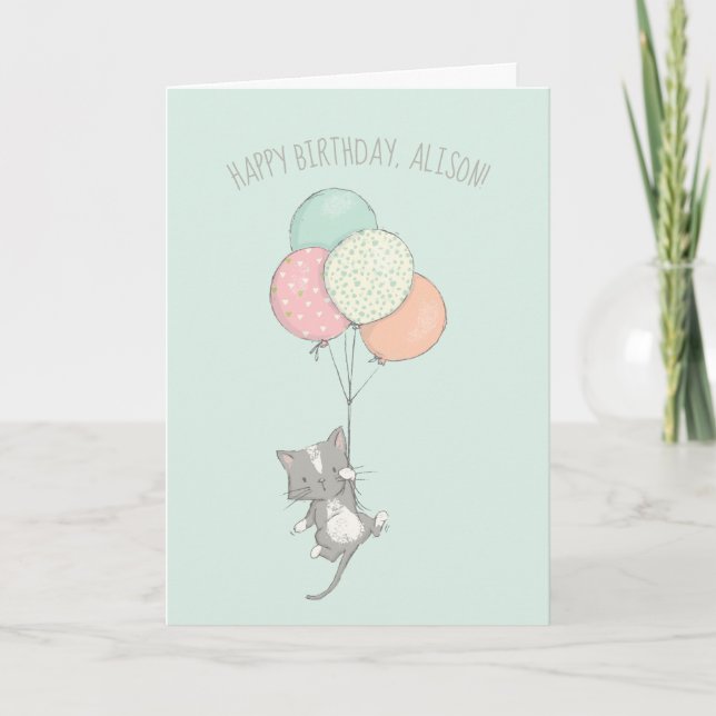 Söt Grått Cat med ballonger Personlig födelsedag Helgkort (Framsida)