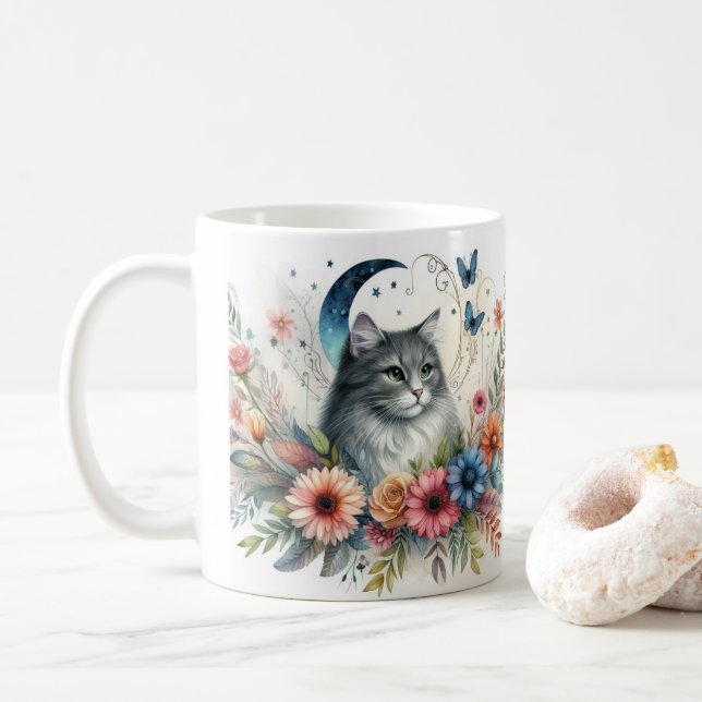 Söt Grått Cat Porträtt med Flowers Mugg (Med munk)