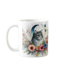 Söt Grått Cat Porträtt med Flowers Mugg
