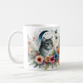Söt Grått Cat Porträtt med Flowers Mugg