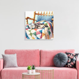 Söt Grått Cat Sleeping on a Quilt Canvastryck