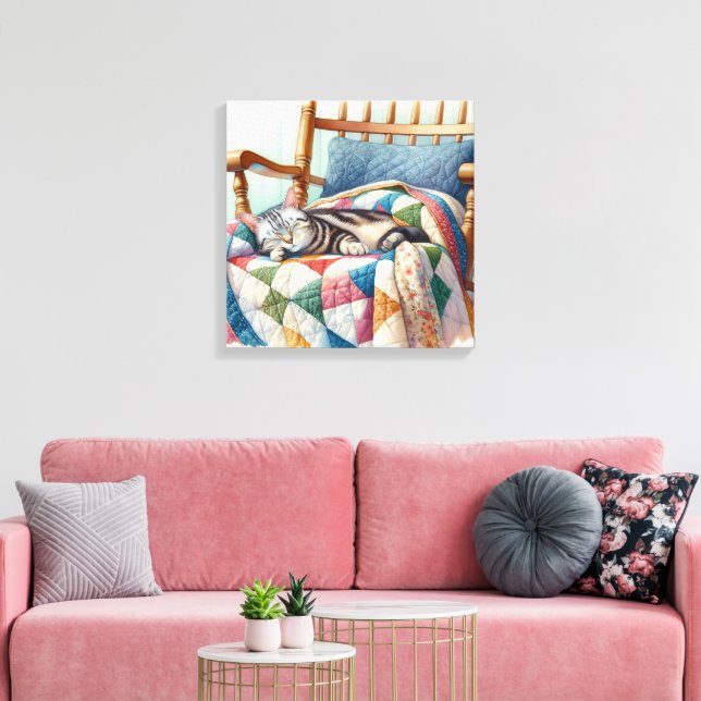 Söt Grått Cat Sleeping on a Quilt Canvastryck (Insitu (Vardagsrum))