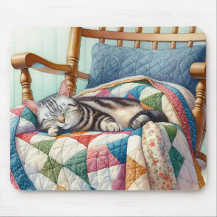 Söt Grått Cat Sleeping on a Quilt Musmatta