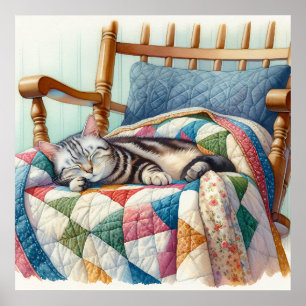 Söt Grått Cat Sleeping on a Quilt Poster
