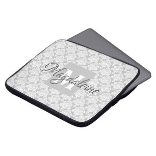 Söt Grått Damask Snöre Mönster Monogram och Namn Laptop Fodral
