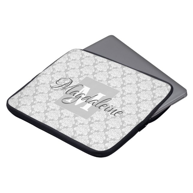 Söt Grått Damask Snöre Mönster Monogram och Namn Laptop Fodral (Framsida topp)
