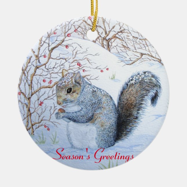 Söt grått-ekorre snö-fajans julgransprydnad keramik (Framsidan)