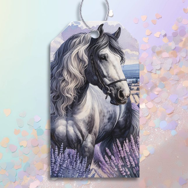 Söt Grått Horse ständiga i Lavender Presentetikett (Skapare uppladdad)