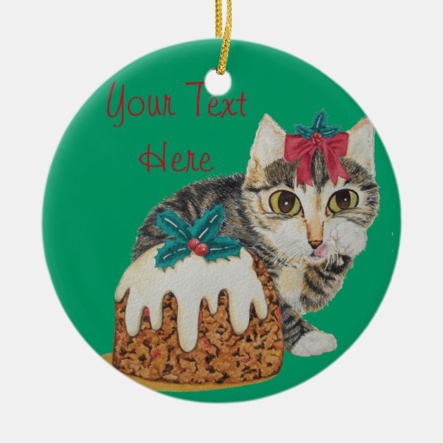Söt grått-kattunge med rött tabby katt-christmas julgransprydnad keramik (Framsidan)