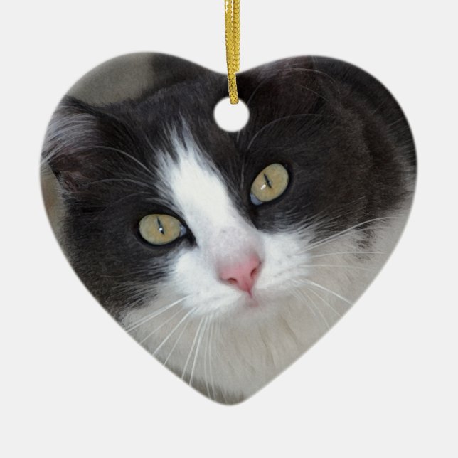 Söt grått och vit katt julgransprydnad keramik (Framsidan)