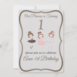 Söt Grått Rosa Ballerinas Princess 1:a födelsedage Inbjudningar