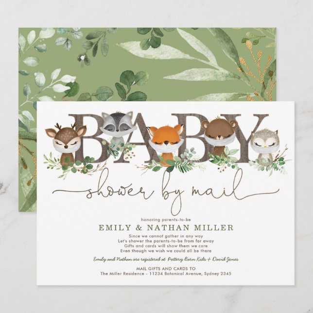 Söt Greenery Woodland Forest Baby Shower by Mail Inbjudningar (Fram/baksida)