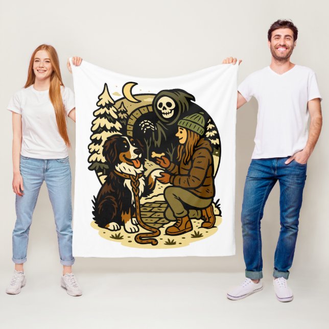 Söt Grim Reaper-flicka och hund Spooky Skog Natt Fleecefilt (På plats)