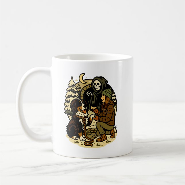 Söt Grim Reaper-flicka och hund Spooky Skog Natt Kaffemugg (Vänster)