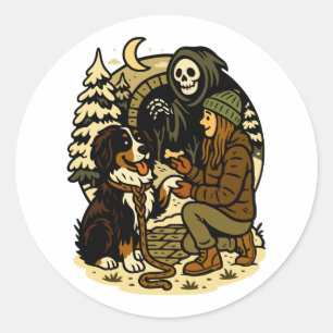 Söt Grim Reaper-flicka och hund Spooky Skog Natt Runt Klistermärke