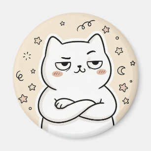 Söt Grinig Vit Katt Kawaii Rund Magnet