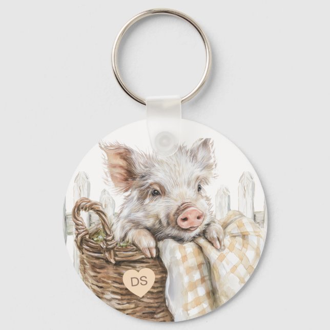 Söt gris i korg Monogram Personlig Nyckelring (Framsida)