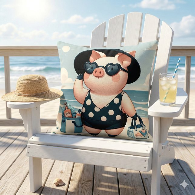 Söt gris i prickig baddräkt på stranden kudde (Cute Pig in Polka Dot Swimsuit at the Beach Throw Pillow Mockup A)