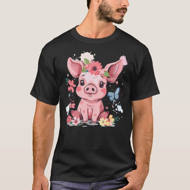 Söt gris med blommor jag barn gris t shirt (Framsida)