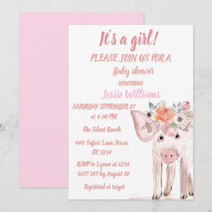 Söt gris smågris gårdsdjur rosa babyflicka inbjudningar