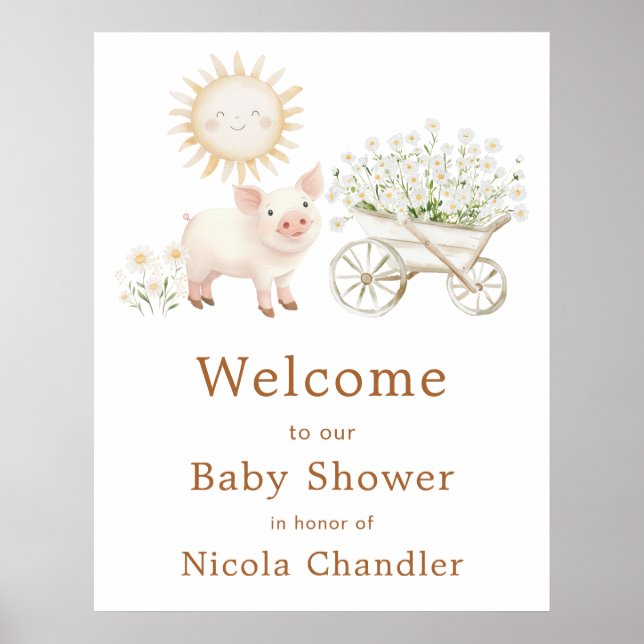 Söt gris trälåda baby shower välkomstskylt poster (Framsidan)