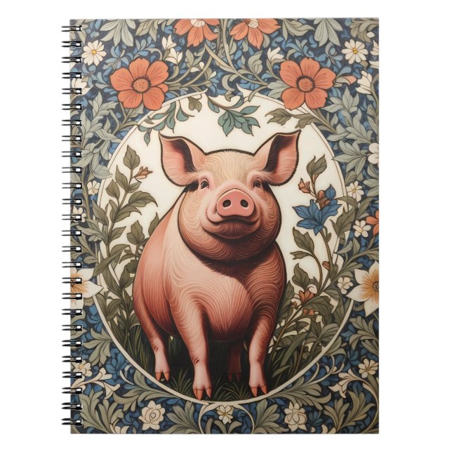Söt gris William Morris-inspirerad Anteckningsbok (Framsidan)