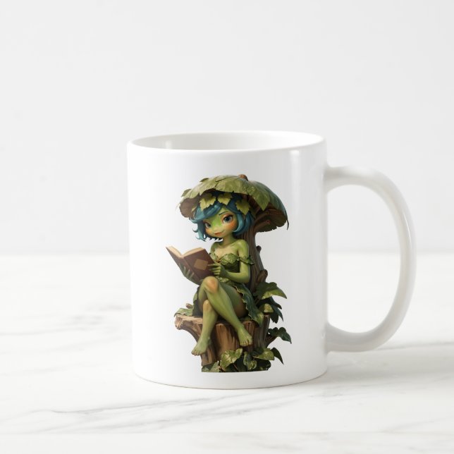 Söt grod flicka läser bok under blad kaffemugg (Höger)