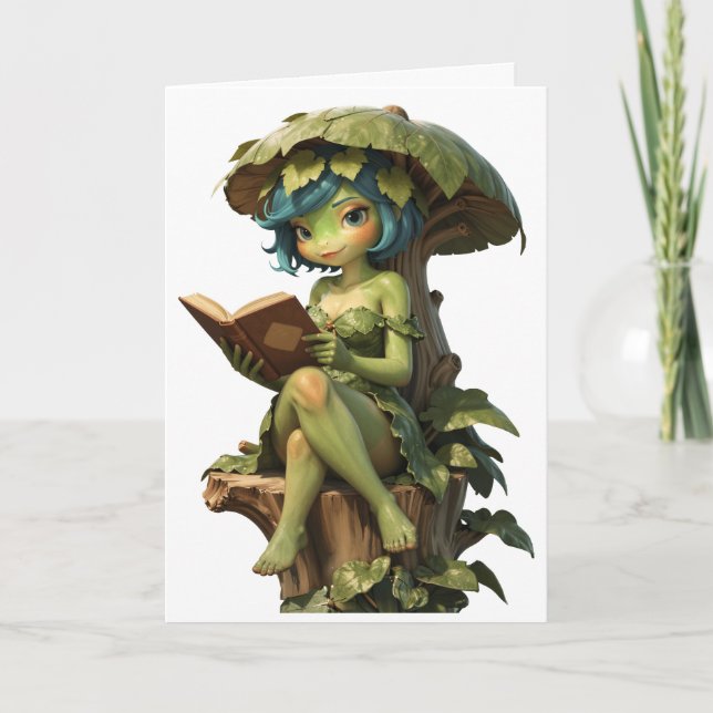 Söt grod flicka läser bok under blad kort (Framsida)