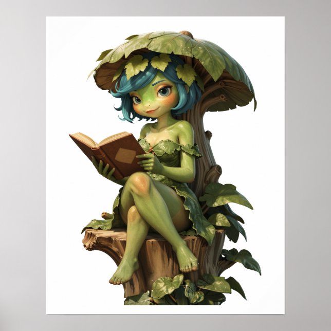 Söt grod flicka läser bok under blad poster (Framsidan)