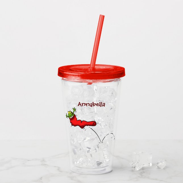 Söt groda i en röd socka som hoppar tecknad bild take away mugg (Baksida Ice)