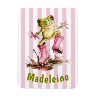 Söt groda i rosa regnstövlar monogram randig magnet