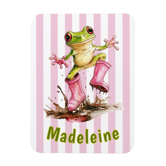 Söt groda i rosa regnstövlar monogram randig magnet (Vertikal)