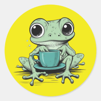 Söt Groda Kaffe Rund Klistermärke | Rolig Groda