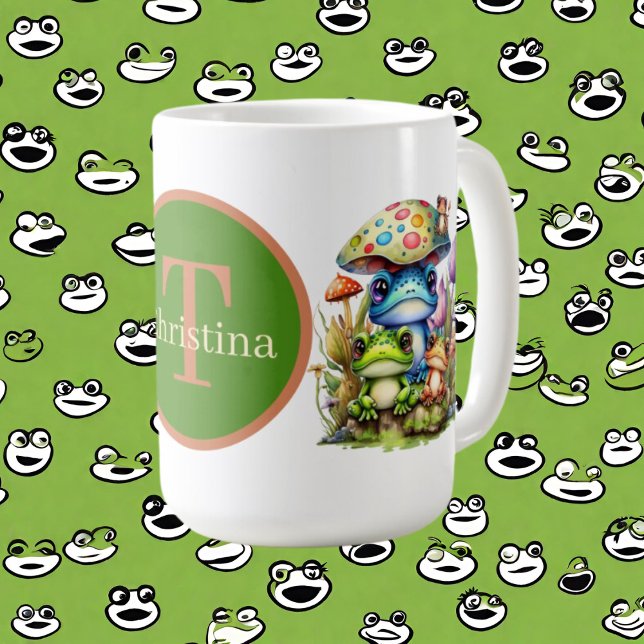Söt groda lägg till monogram kaffemugg (Skapare uppladdad)