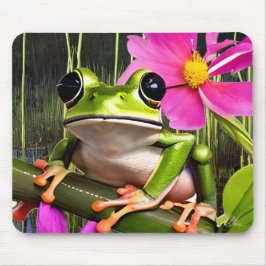 Söt groda på rosa blomstergren   musmatta